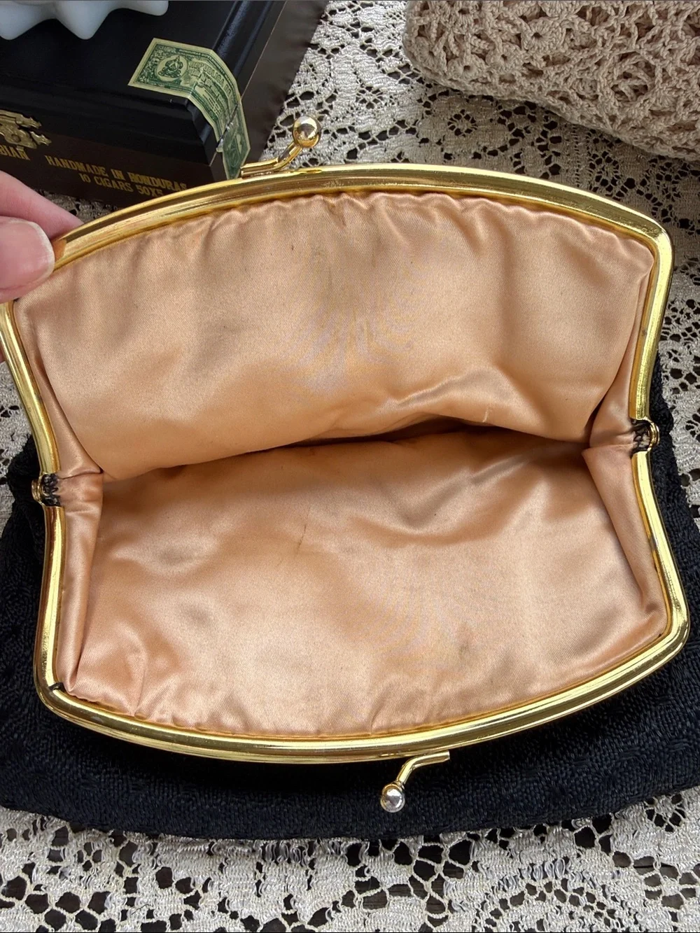 Vintage 1960s Black Faille Evening Clutch – Gold Frame – Satin Interior